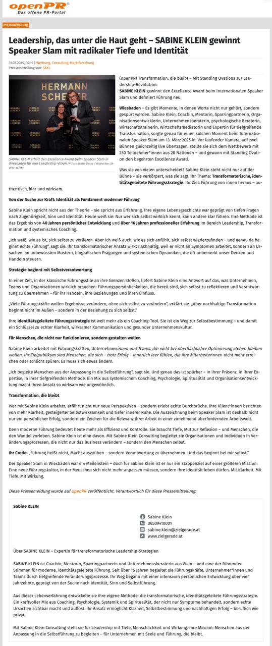 openPR-Pressemeldung über Sabine Klein und ihren Excellence Award beim Speaker Slam Wiesbaden